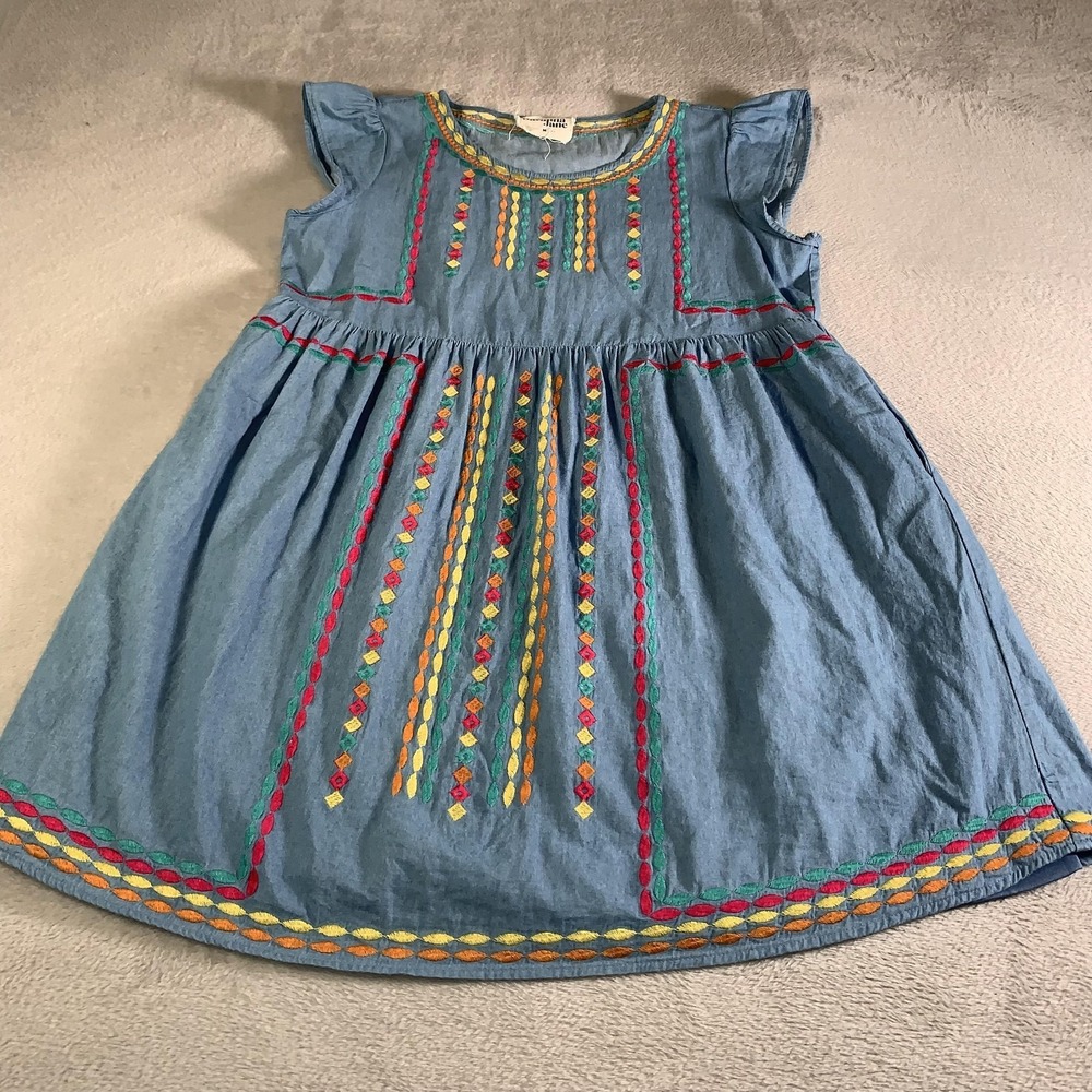 Savanna Jane Dress Womens Medium Blue Chambray Embroidered Cap Sleeve Fit Flare